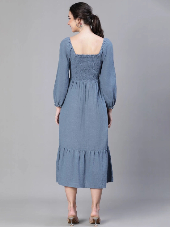 Oxolloxo Solid Smocked Puff Sleeve Tiered Cotton Fit & Flare Midi Dress