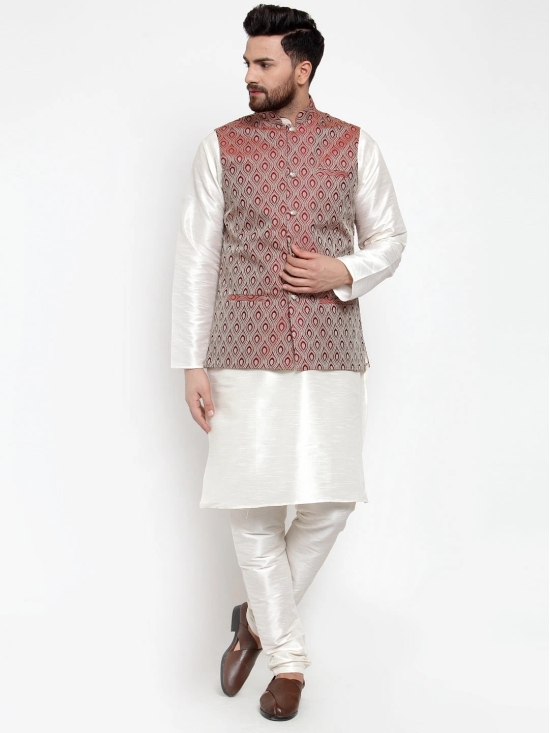 Jompers Mens Solid Dupion Kurta Pajama with Woven Jacquard Waistcoat-S / Maroon