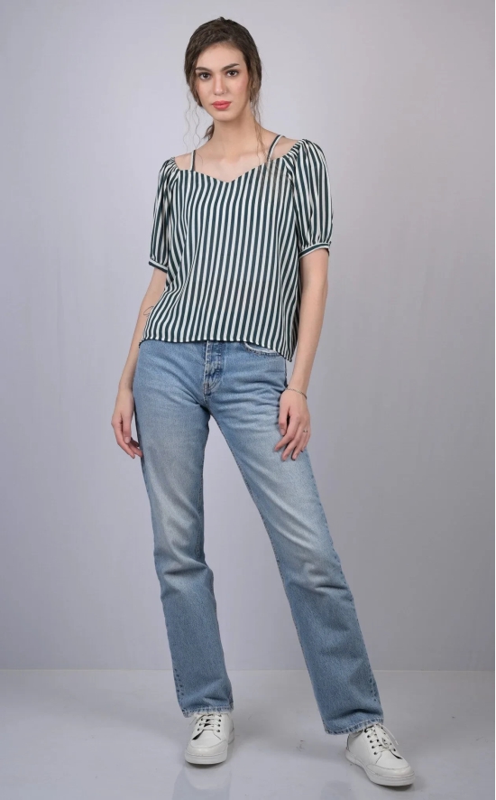 White and Green Striped Relaxed Fit Boat Neckline Top (OTL-TPS1021)-Blue / M