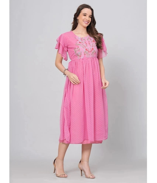 HIGHLIGHT FASHION EXPORT Crepe Embroidered Midi Womens Fit & Flare Dress - Pink ( Pack of 1 ) - None