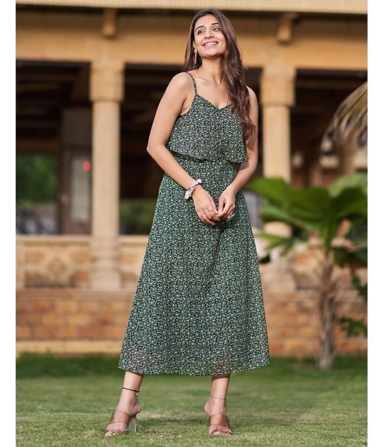 Selvia Georgette Printed Midi Womens Drop Waist Dress - Green ( Pack of 1 ) - None