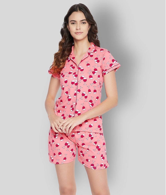 Clovia - Pink Cotton Womens Nightwear Nightsuit Sets ( Pack of 2 ) - M