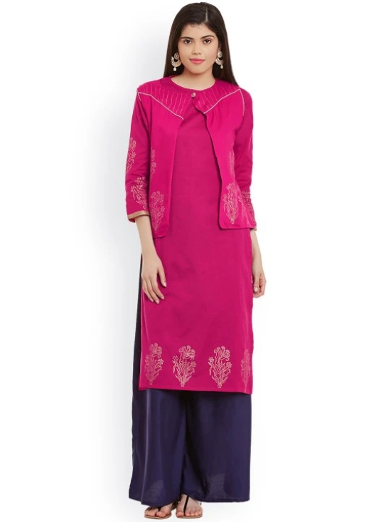 Women Pink Block Print Straight Kurta with Jacket