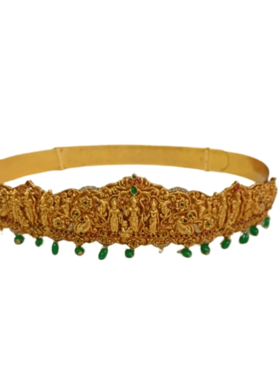 Gold Plated Traditional Indian Vaddanam Waist Belt With Green Beads