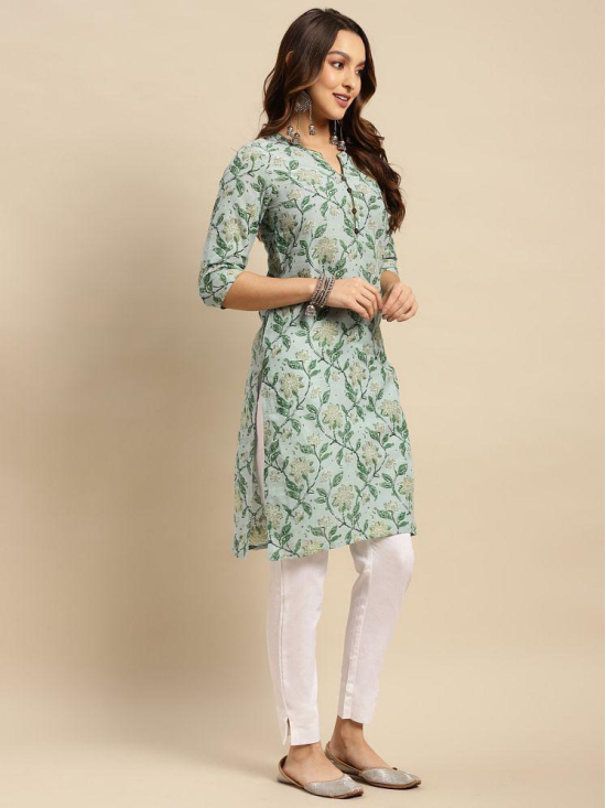 Rangita Women 100% Cotton Mint Green Floral Printed Knee Length Straight Kurti - None