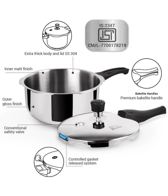 Milton Pro Cook Sandwich Bottom Stainless Steel Pressure Cooker with Outer Lid, 2 Litres, Silver | Gasket Release System Food Safe | Food Safe | Induction | Hot Plate | Flame Safe