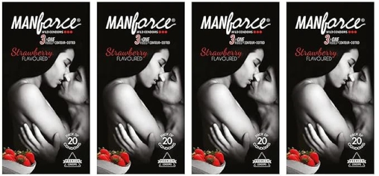 Manforce Condoms 3 in 1 Ribbed Contour Dotted Strawberry Flavoured Condoms - 10 Pcs x Pack of 4