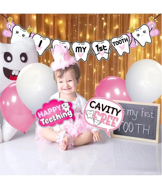 Zyozi I Got My First Tooth Decoration | First Tooth Decoration Items for Baby Girl - Tooth Banner, Balloons with Photo Booth Props & Rice Light (Pack Of 43) - Pink