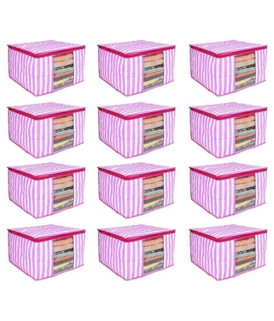 PrettyKrafts 3 layered Quilted saree Cover Bag/wardrobe organizer with transparent window (Pack of 12), Pink Stripes