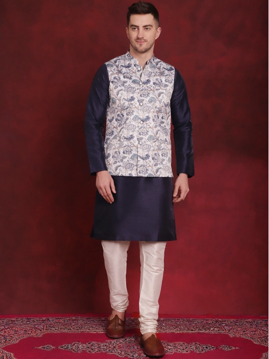 White Floral Printed Nehru Jacket With Kurta Pyjama Set-M / White