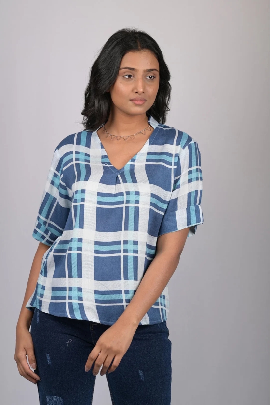 V-Neck Blue Checks Top (OTL-TPS1073)-Blue / M