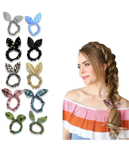 LYKAA Colorful Printed Rabbit Ear Hair Tie Rubber Bands Style Ponytail Holder Scrunchies - 10 Pcs - Multi