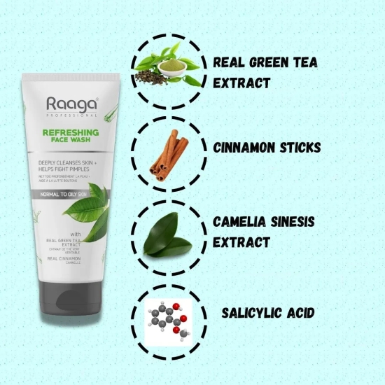 Raaga Professional Refreshing Facewash, With Real Green Tea Extract & Cinnamon, Normal to Oily Skin, 80 ml