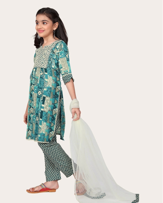 Printed Emroidered Kurta Bottom Dupatta Set for Girls-Sky Blue / 4 - 5 Years