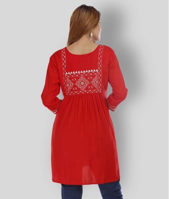 HIGHLIGHT FASHION EXPORT - Red Rayon Womens Asymmetrical Kurti ( Pack of 1 ) - L