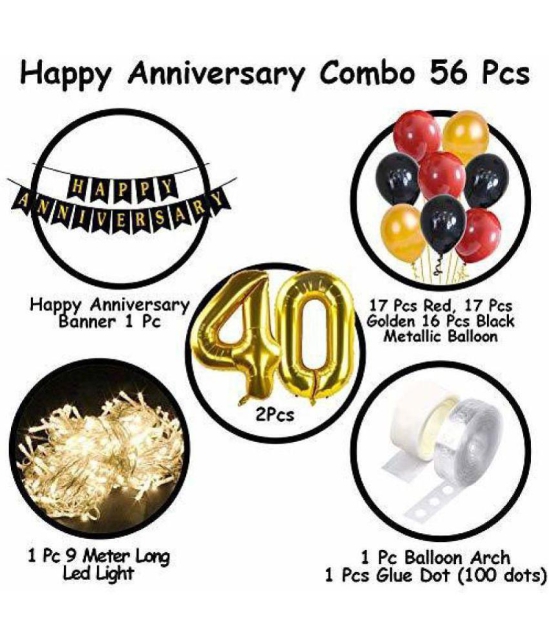 Party Propz 40th Happy Anniversary Decoration Items with LED Light Banner, Balloons, Arch, Glue Dot 56Pcs Set for 40th Party Room Decoration Combo Set/Couple Wedding,Marriage Celebration - M