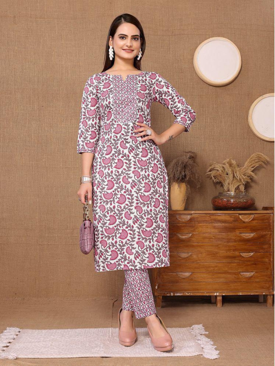 Rangita Women Cotton Pink Floral Printed Calf Length Straight Kurti With Pants - None