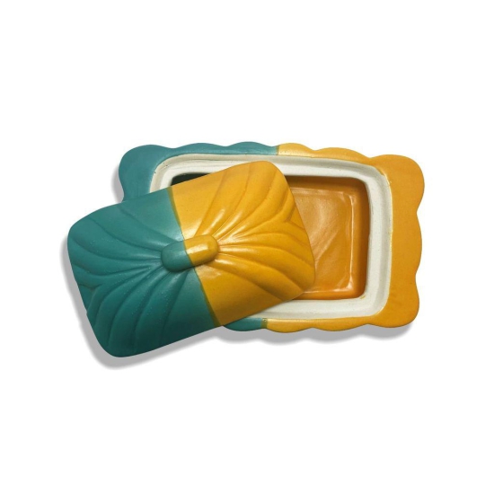 Ceramic Dining Matte Yellow & Green Ceramic Butter Dish Holder 8.5 Inches || Butter Serving Set