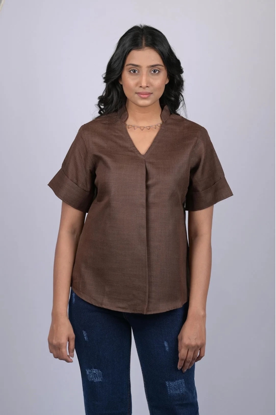 Halfsleeve top party wear western wear trending top Dark Brown Colour V-Neck Top With Collar (OTL-TPS1046)-Brown / M