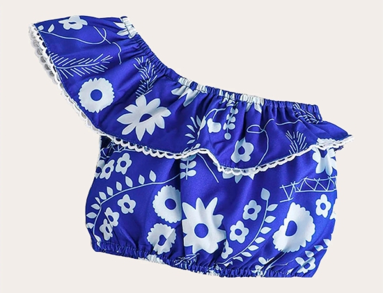 Girls One Shoulder Printed Crop Top & Shorts Set Kids Summer Clothes-Blue / 1 - 2 Years