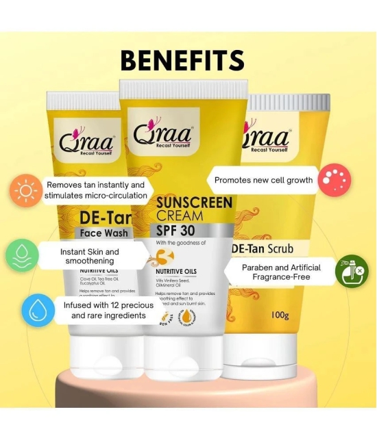 Qraa De Tan Combo Pack-Sunscreen Cream Spf 30,100Gm, De Tan Scrub 100Gm &Face Wash 100Gm|Pack Of 3