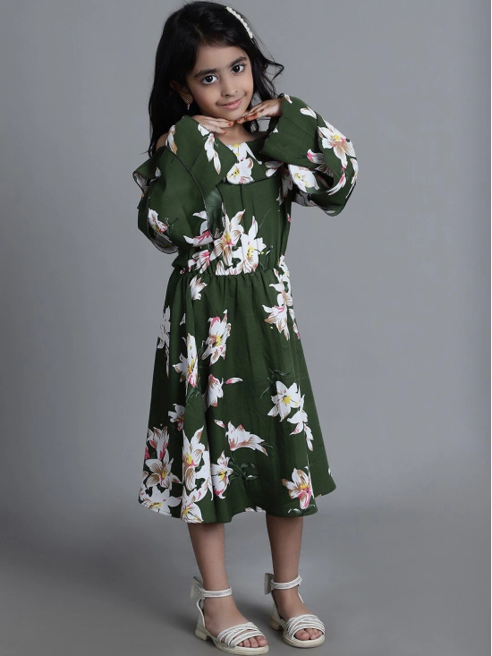 MINI & MING Girls Floral Printed Off Shoulder Bell Sleeves Crepe Fit & Flare Midi Dress