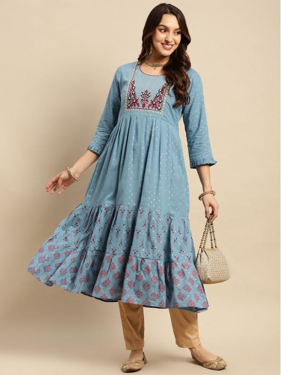 Rangita Women 100% Cotton Light Blue Yoke Embroidered Gold Textures Calf Length Anarkali Kurti - None