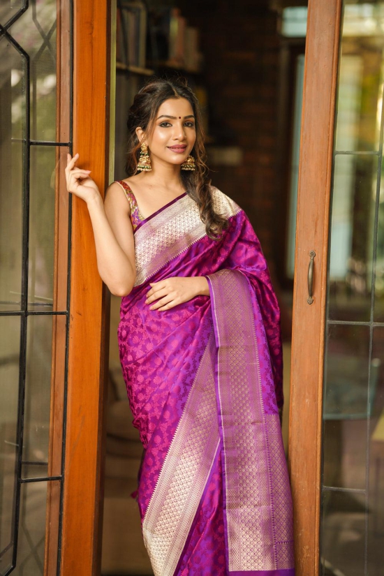 Purple Exquisite Tanchoi Floral Banarasi Saree in Pure Silk Satin with Zari detailing | SILK MARK CERTIFIED