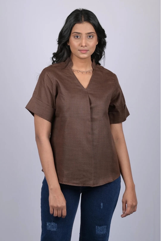 Halfsleeve top party wear western wear trending top Dark Brown Colour V-Neck Top With Collar (OTL-TPS1046)-Brown / M