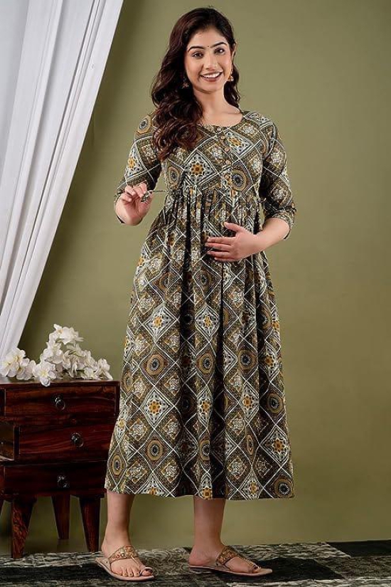 KASHVI Creation Women's Cotton Floral Printed Anarkali Maternity Feeding Kurti-Green