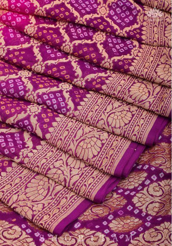 Ombre Purple-Pink Shades - Authentic Hand Bandhej Banarasi Silk Georgette Saree | SILK MARK CERTIFIED