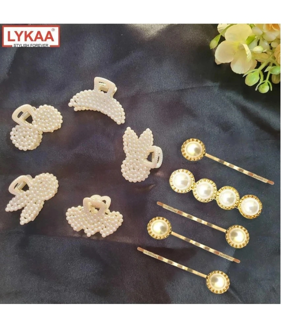 Lykaa Stylish Fancy Pearl Hair Clips, Rhinestone Crystal Golden Hair Pins (Pack of 10) Multicolor - Multi