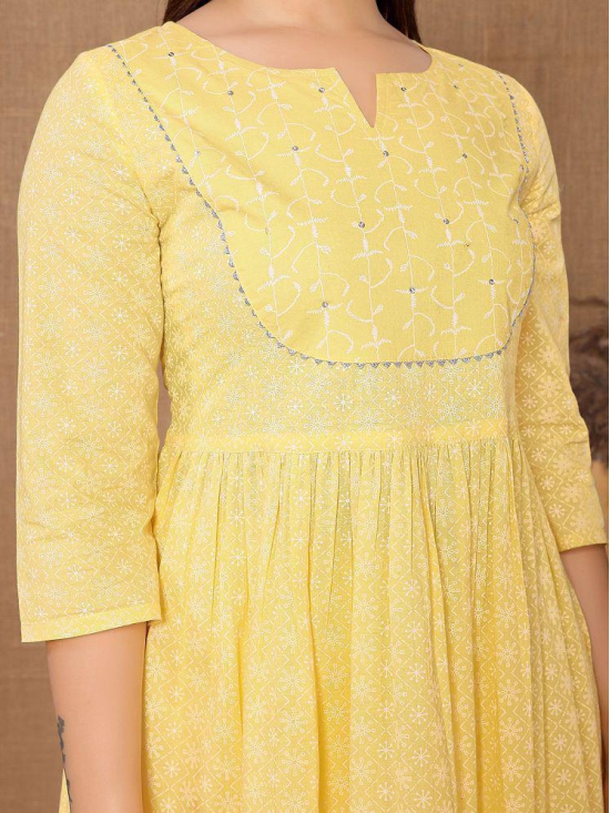 Rangita Women Cotton Yellow Sequined Calf Length Anarkali Kurti With Pants - None