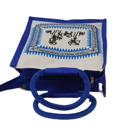 Handmade Jute Bag with Blue Trim and Traditional Indian Design