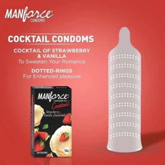 MANFORCE Cocktail Condoms with Dotted-Rings Strawberry & Vanilla Flavoured- 10 Pieces & Extra Dotted Litchi Flavoured Condoms - 10 Pieces Condom (Set of 2 20 Sheets)