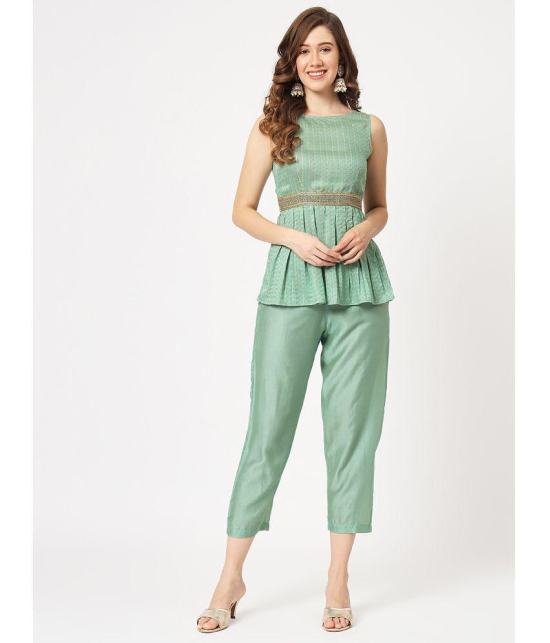 Pannkh Womens Self-Embellished Pleated Peplum Style Top With Pants Set - None