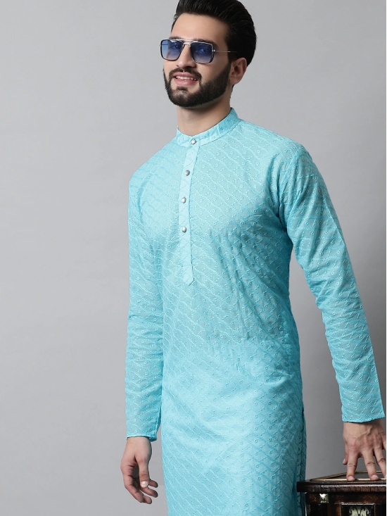 Jompers Men Sky Blue Chikan Kurta Only-XL / Blue