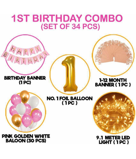 Party Propz 1st Birthday Decoration For Baby Girl With Warm Led Light Set Happy Birthday Banner 1-12 Month Milestone Banner Number 1 Foil Balloon And Metallic Balloons Combo 34Pcs For Girls 