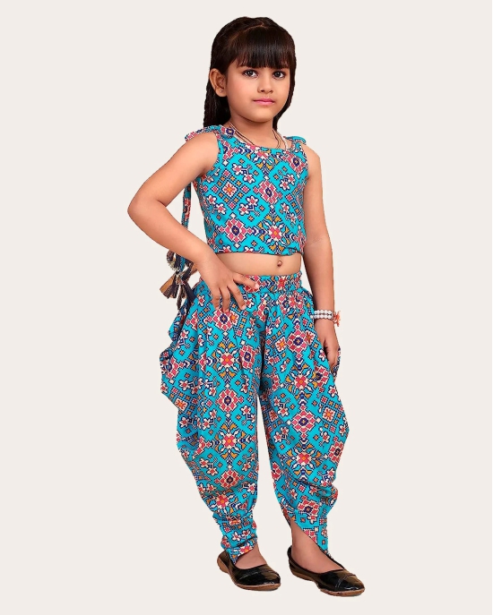 Girls Printed Stylish Flared Palazzo With Crop Top | Silk & Rayon Palazzo Set-Blue / 6 Years-7 Years