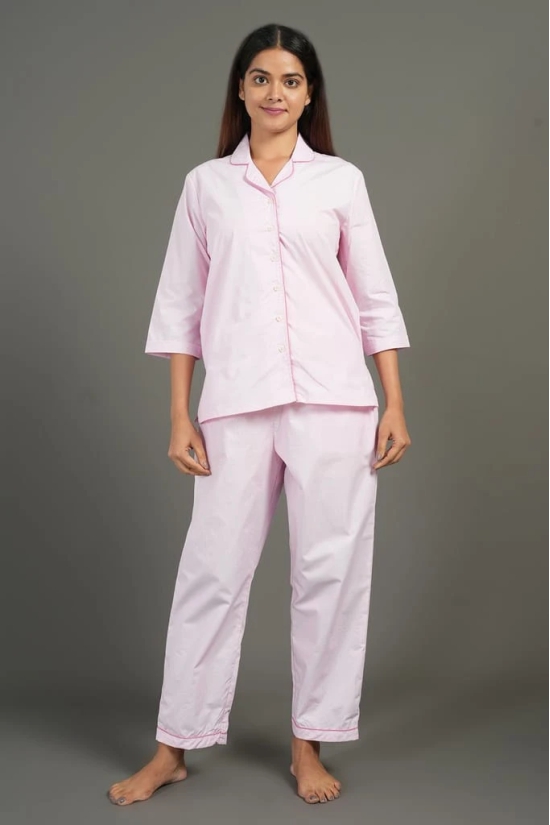 BREATHABLES Women Cotton Nightsuit Shirt and Pants Co-ord Set 3/4 Sleeve Notched Collar Comfort Loose Fit Pink(Night Wear | Co-ord set | Lounge Wear Set)