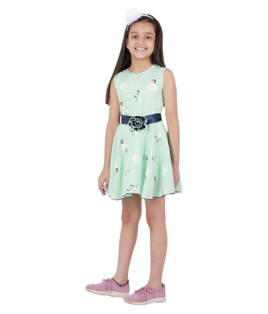 Kids Cave Dress For Girls Fit And Flare Round Neck Knee Length Navy Blue Satin Waist Belt With Flower Fabric Rayon (Color Light Green Size 3-12 Years) - None