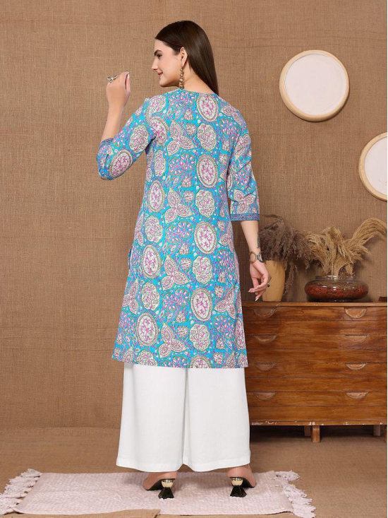 Rangita Women Cotton Blue Printed Knee Length Straight Kurti - None