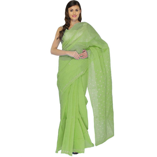 Lavangi Women Lucknow Chikankari Keel Work Mehndi Green Cotton Saree With Blouse