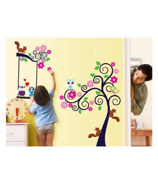 Print Mantras Tree Owl Squirrel wall stickers Nature Sticker ( 120 x 140 cms )