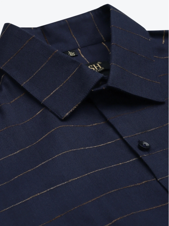 Indian Needle Mens Formal Cotton Horizontal Striped Shirt-S / Navy-Blue