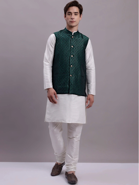 Mens Olive Green Woven Design Nehru Jacket With Solid Kurta Pyjama.-XXL / Olive-Green