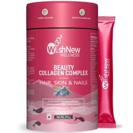 WishNew Wellness BEAUTY COLLAGEN COMPLEX | Radiant Hair, Skin & Nails | 21 Sachets with Collagen, Hyaluronic Acid, Biotin, Vitamins E & C, Rosehip & Curcumin Extracts | Enhanced Absorption Formul