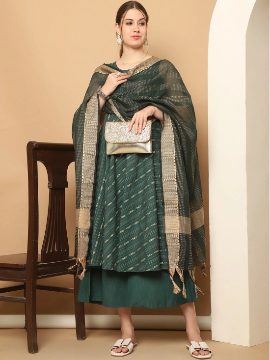 Green Woven Design Kantha Work Kurta with Palazzos & With Dupatta-M / Green