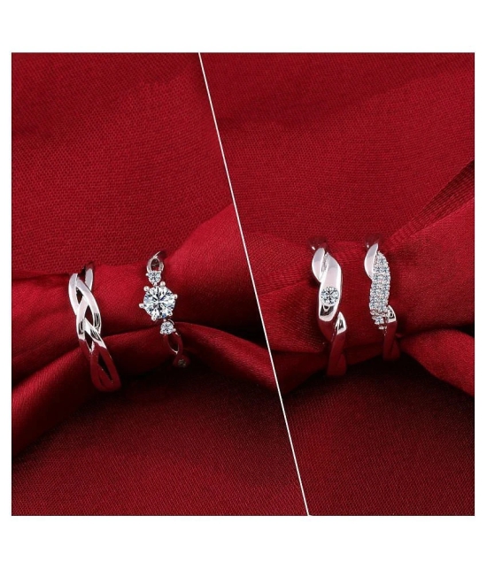 Silver Shine Adjustable Party Wear 2 Pair of Couple Rings Set With 2 Piece Red Rose Gift Box for lovers - None