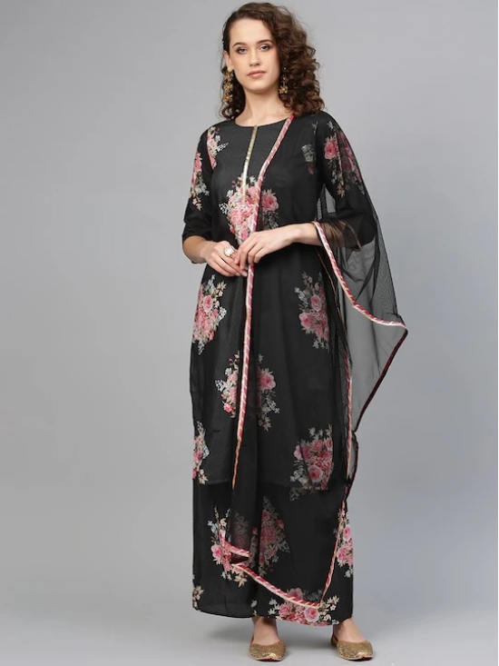 Women Black & Pink Printed Kurta with Palazzos & Dupatta